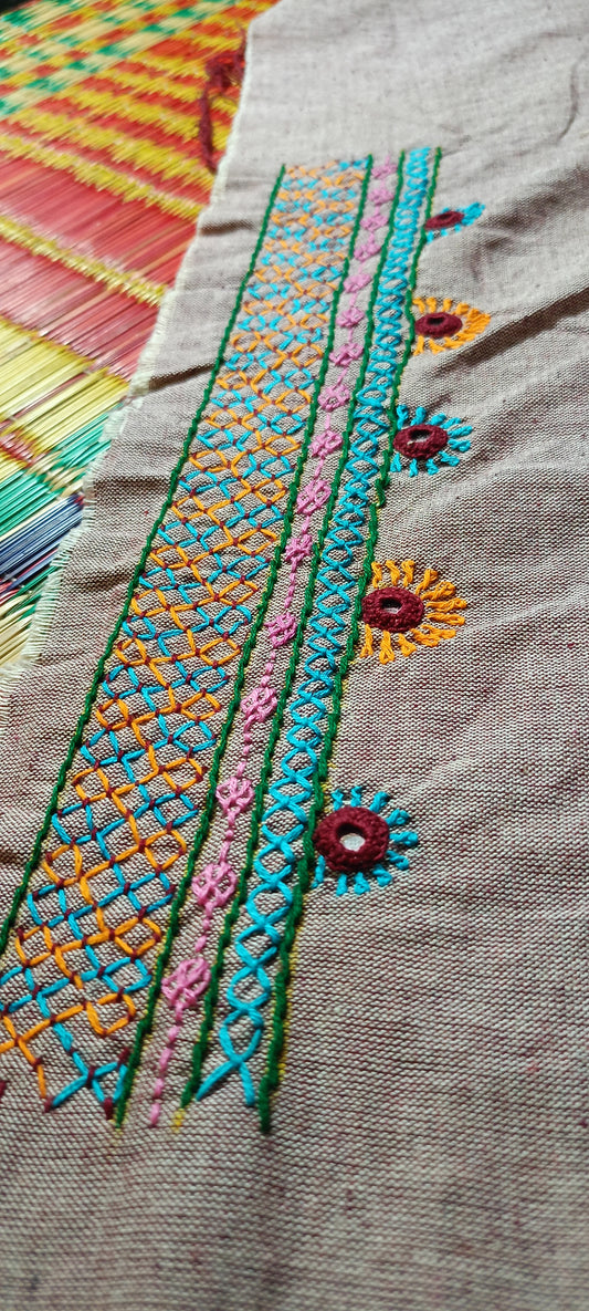 Grey Cotton Kurta Fabric with Multicolor Lambani Hand Embroidery