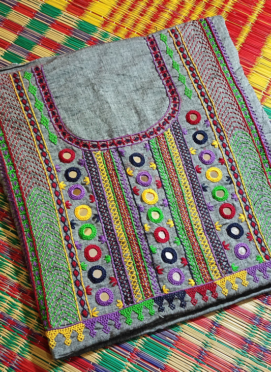Elegant Grey Kurta Fabric Set with Lambani Hand Embroidery & Mirror Work – 5 Meters (3 M Top, 2 M Bottom)